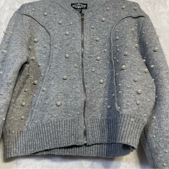 Oliver O Womens XL Melange Gray Beaded Pearl Zip Knit Sweater Wool Ribbed NWT - Picture 3 of 16